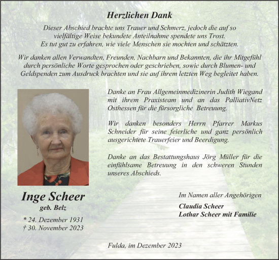 Traueranzeige von Inge Scheer von FZ
