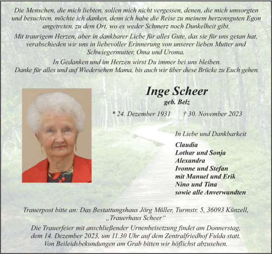 Traueranzeige von Inge Scheer von FZ