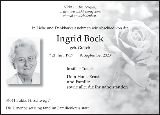 Traueranzeige von Ingrid Bock von FZ