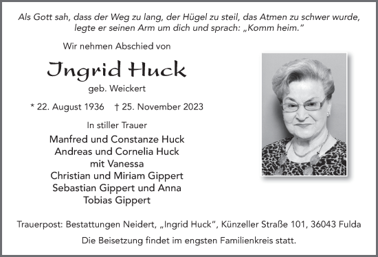 Traueranzeige von Ingrid Huck von FZ