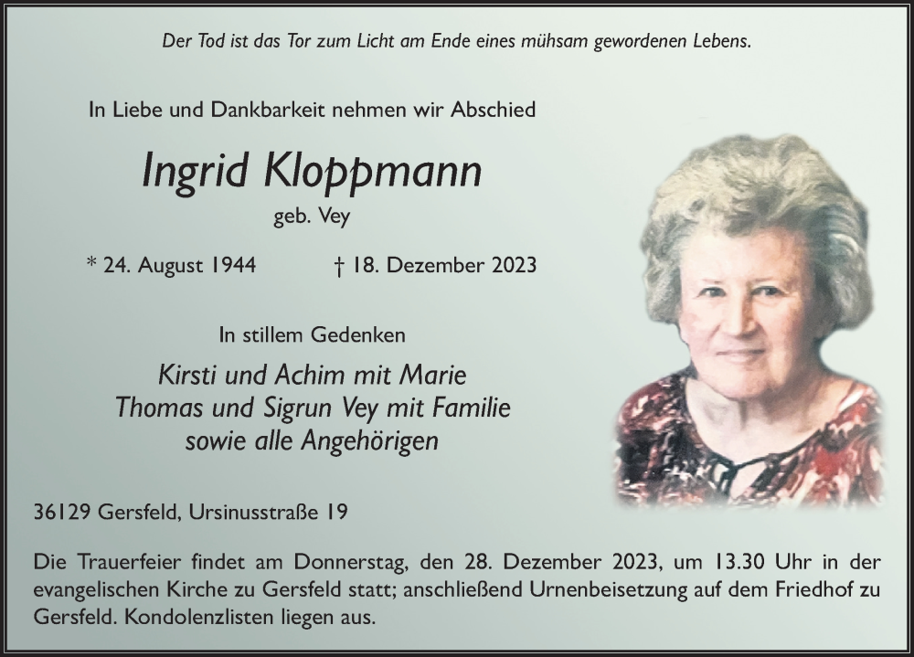  Traueranzeige für Ingrid Kloppmann vom 23.12.2023 aus FZ