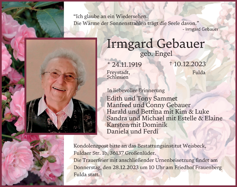  Traueranzeige für Irmgard Gebauer vom 23.12.2023 aus FZ