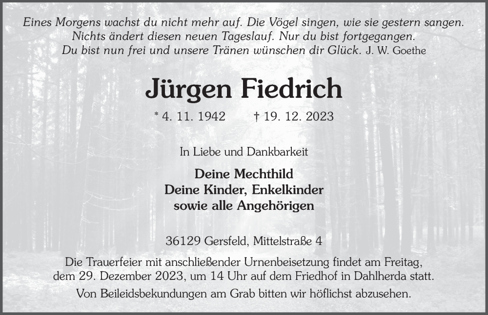  Traueranzeige für Jürgen Fiedrich vom 27.12.2023 aus FZ