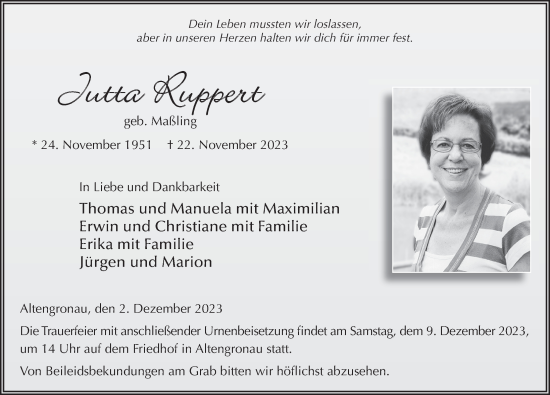 Traueranzeige von Jutta Ruppert von FZ