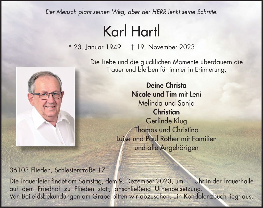  Traueranzeige für Karl Hartl vom 05.12.2023 aus FZ