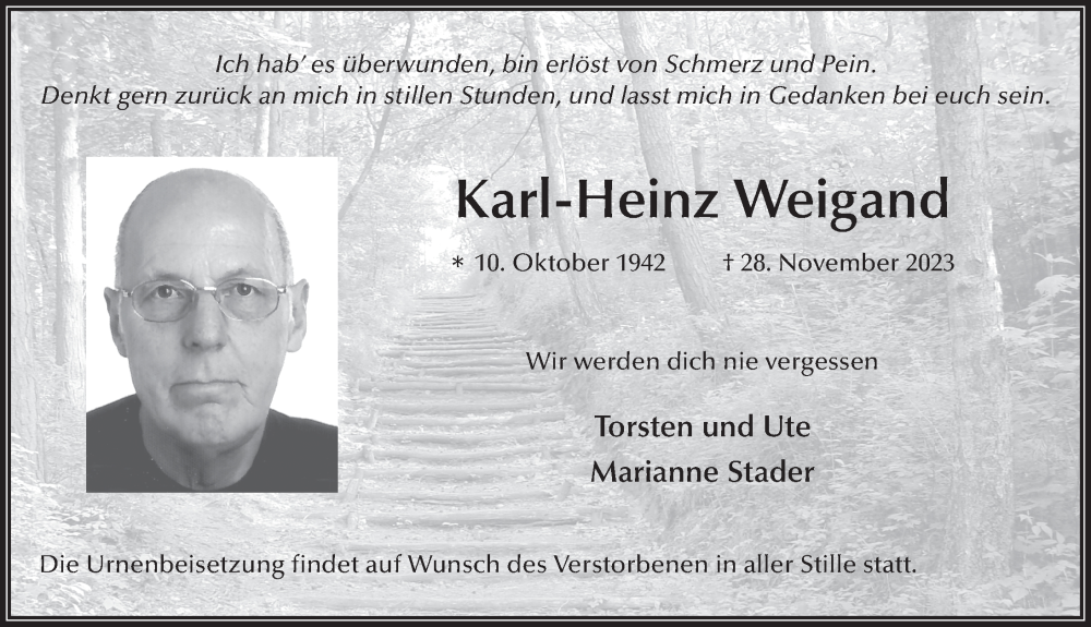  Traueranzeige für Karl-Heinz Weigand vom 09.12.2023 aus FZ