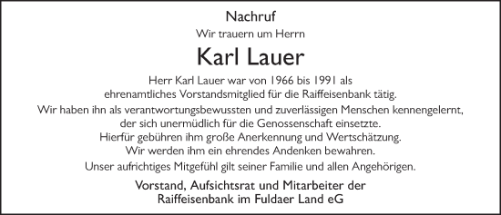 Traueranzeige von Karl Lauer von FZ