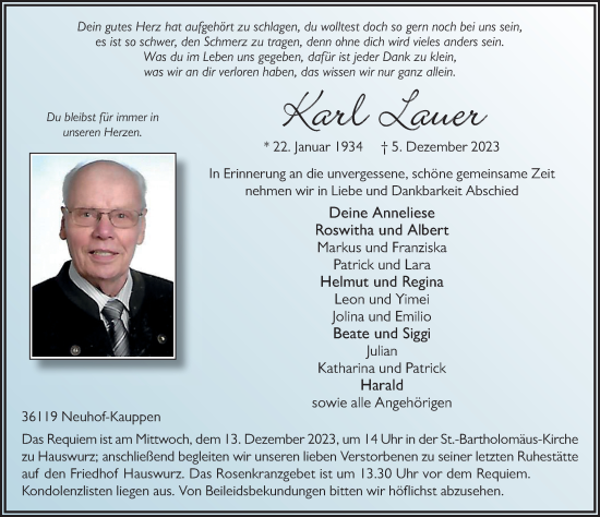 Traueranzeige von Karl Lauer von FZ