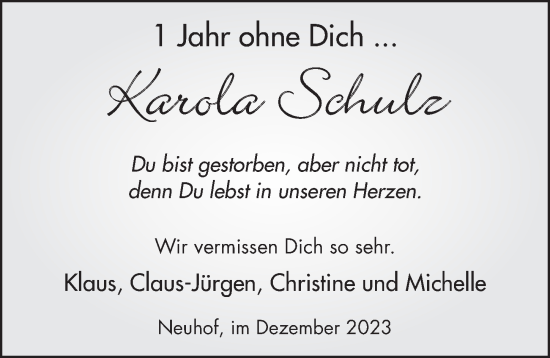 Traueranzeige von Karola Schulz von FZ