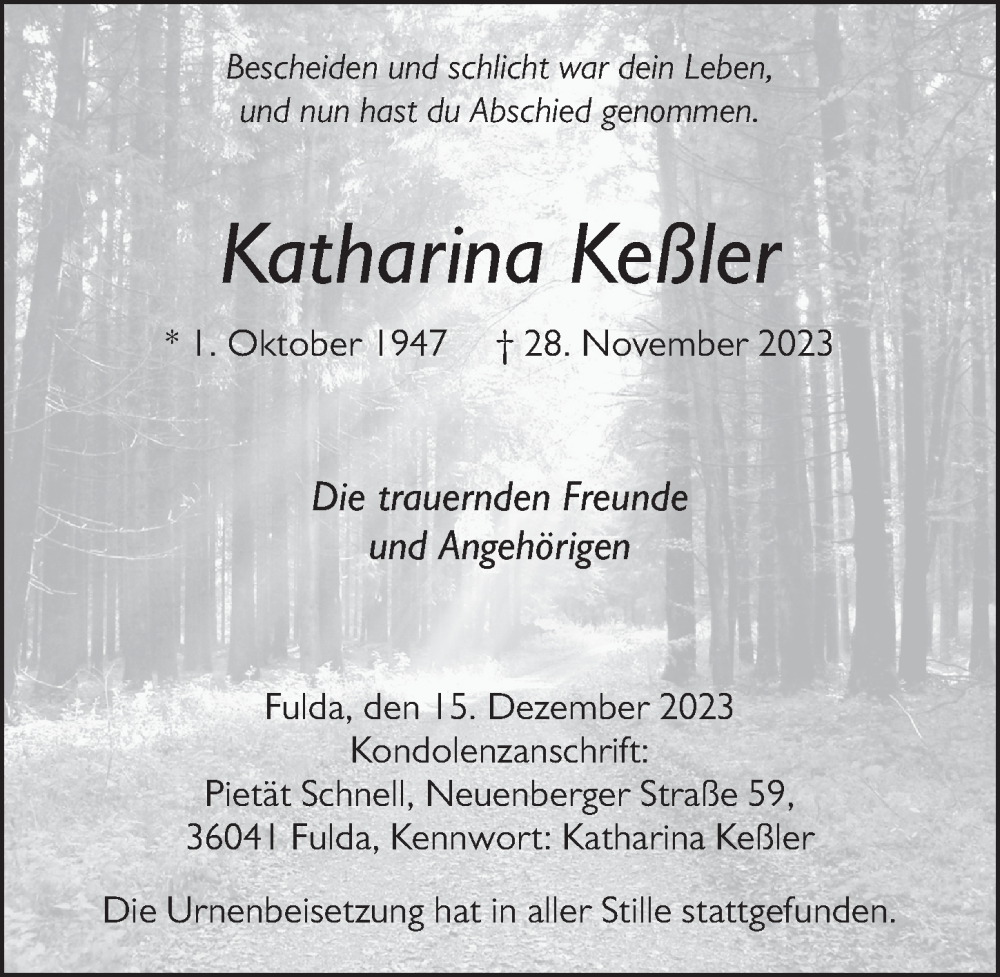  Traueranzeige für Katharina Kessler vom 15.12.2023 aus FZ