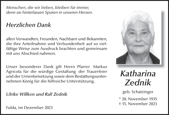 Traueranzeige von Katharina Zednik von FZ