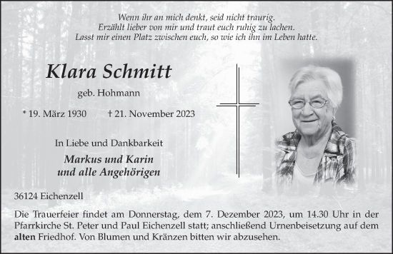 Traueranzeige von Klara Schmitt von FZ