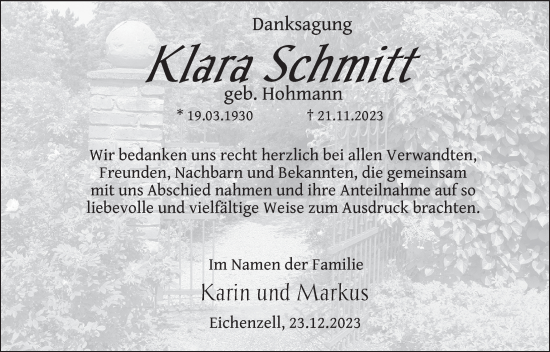 Traueranzeige von Klara Schmitt von FZ