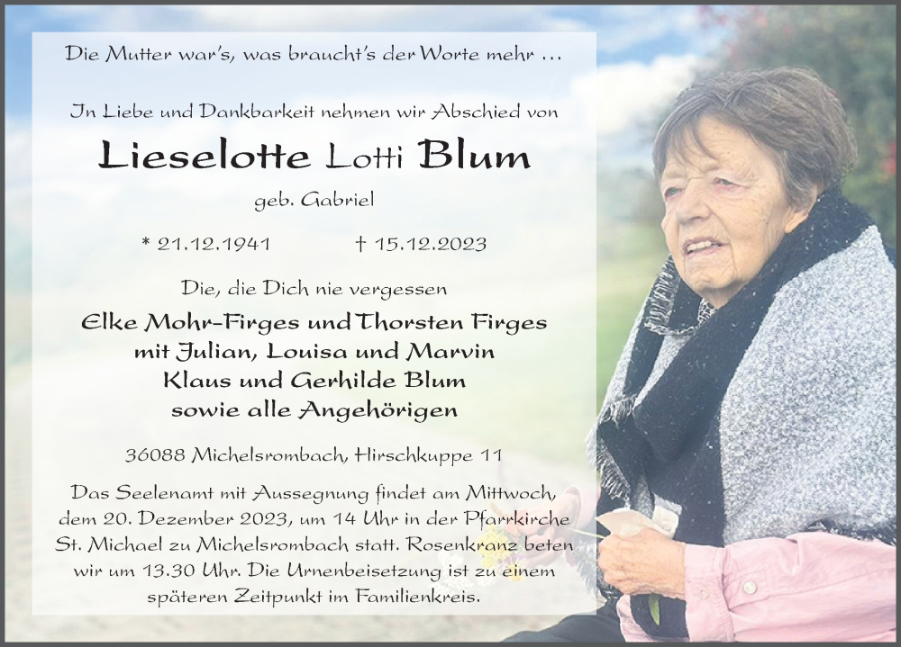  Traueranzeige für Lieselotte Blum vom 18.12.2023 aus FZ