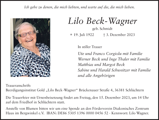 Traueranzeige von Lilo Beck-Wagner von FZ