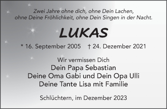 Traueranzeige von Lukas Graper von FZ