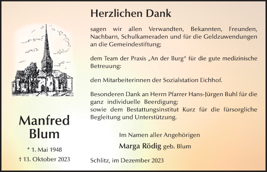 Traueranzeige von Manfred Blum von FZ