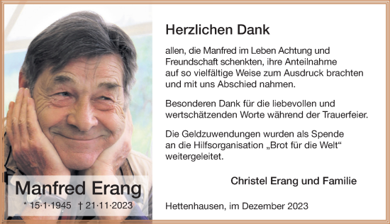 Traueranzeige von Manfred Erang von FZ