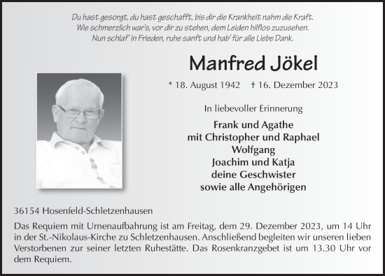 Traueranzeige von Manfred Jökel von FZ