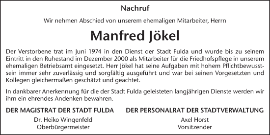 Traueranzeige von Manfred Jökel von FZ