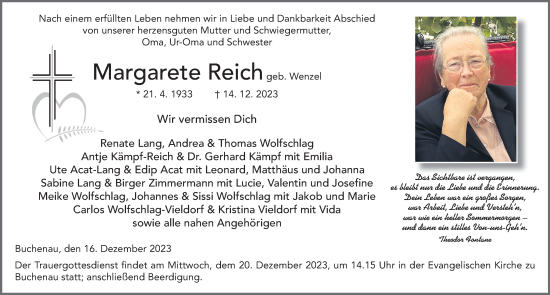 Traueranzeige von Margarete Reich von FZ