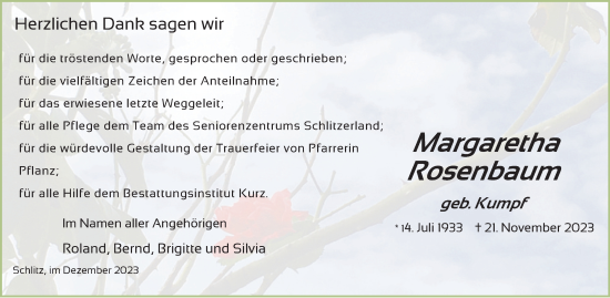 Traueranzeige von Margaretha Rosenbaum von FZ