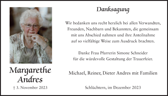 Traueranzeige von Margarethe Andres von FZ