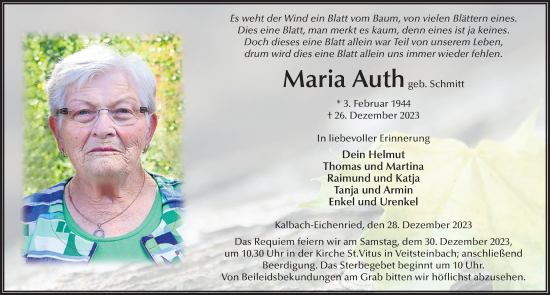 Traueranzeige von Maria Auth von FZ