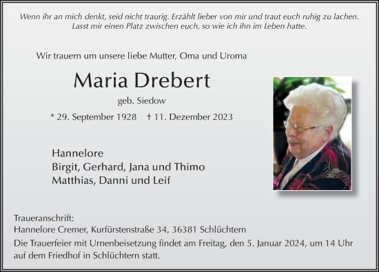 Traueranzeige von Maria Drebert von FZ