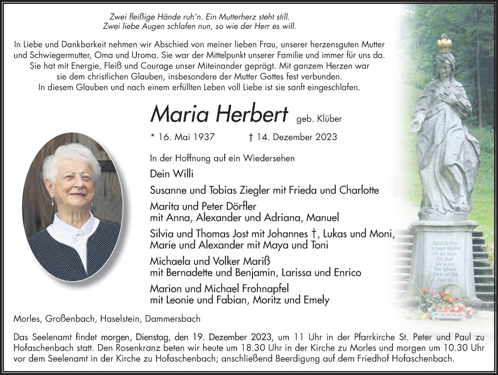  Traueranzeige für Maria Herbert vom 18.12.2023 aus FZ