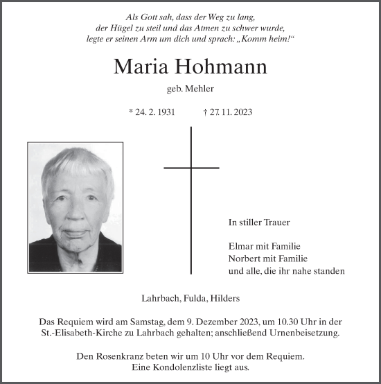 Traueranzeige von Maria Hohmann von FZ
