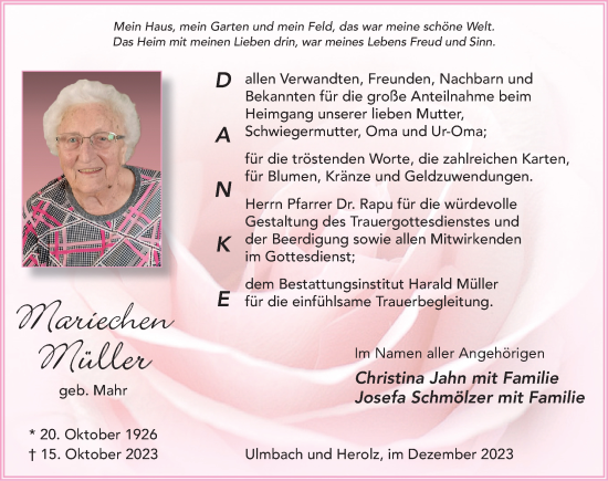 Traueranzeige von Maria Müller von FZ