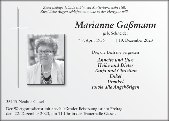 Traueranzeige von Marianne Gaßmann von FZ