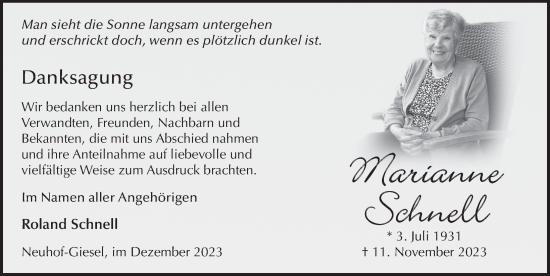 Traueranzeige von Marianne Schnell von FZ