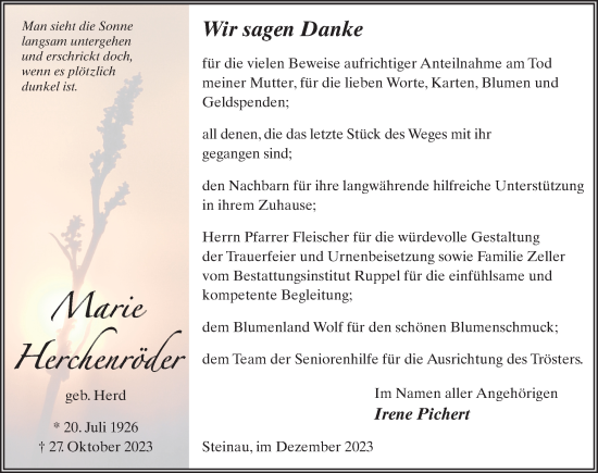 Traueranzeige von Marie Herchenröder von FZ