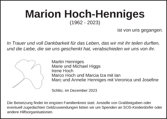 Traueranzeige von Marion Hoch-Henniges von FZ