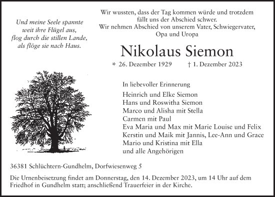 Traueranzeige von Nikolaus Siemon von FZ