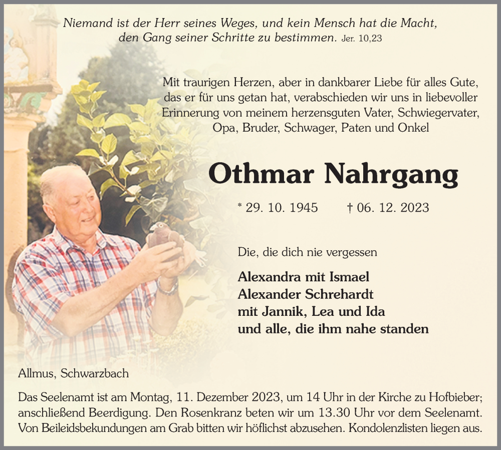  Traueranzeige für Othmar Nahrgang vom 08.12.2023 aus FZ
