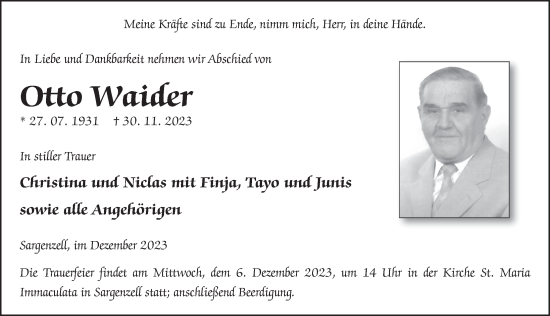 Traueranzeige von Otto Waider von FZ