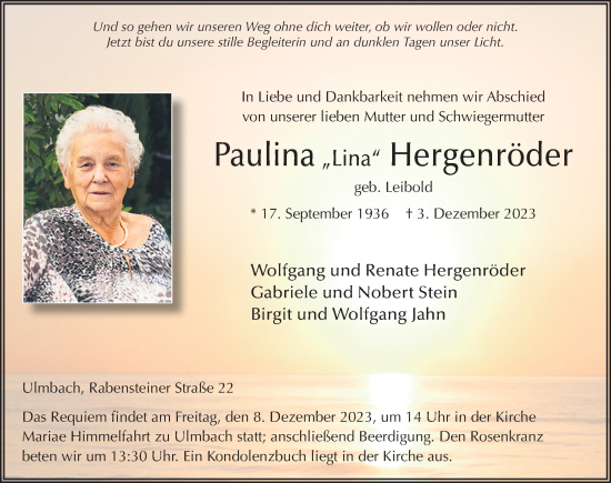 Traueranzeige von Paulina Hergenröder von FZ
