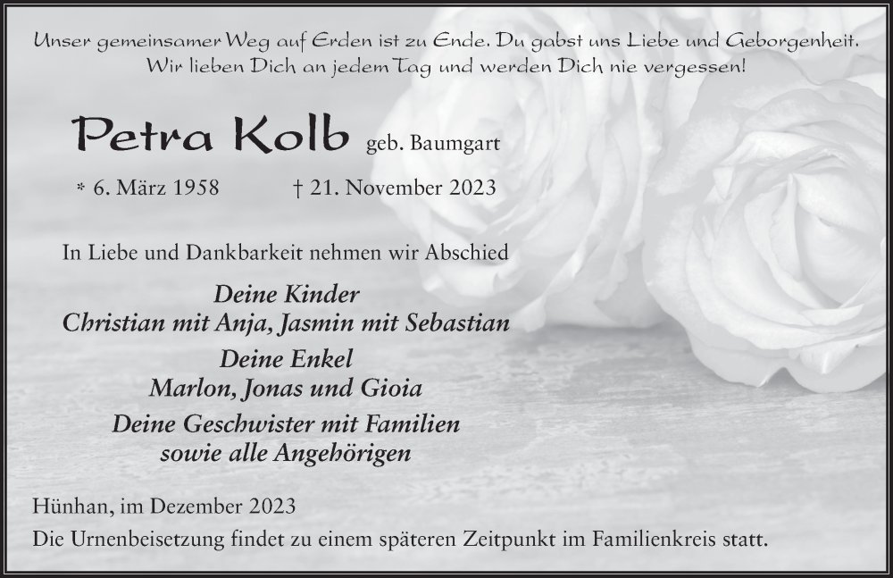  Traueranzeige für Petra Kolb vom 09.12.2023 aus FZ