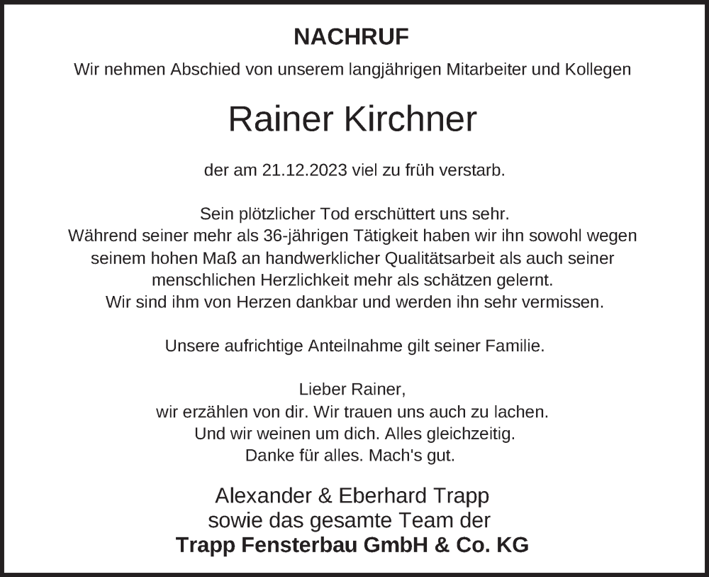  Traueranzeige für Rainer Kirchner vom 27.12.2023 aus FZ