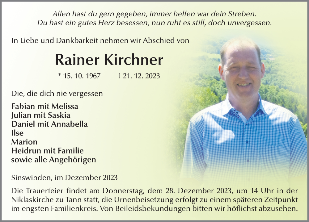  Traueranzeige für Rainer Kirchner vom 27.12.2023 aus FZ
