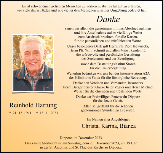 Traueranzeige von Reinhold Hartung von FZ