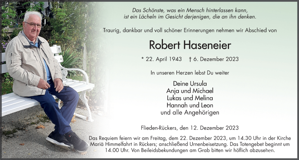  Traueranzeige für Robert Haseneier vom 12.12.2023 aus FZ