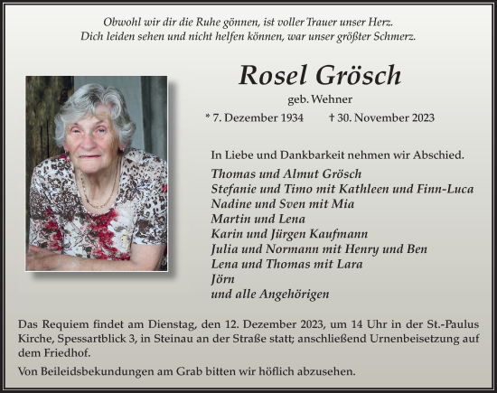 Traueranzeige von Rosel Grösch von FZ