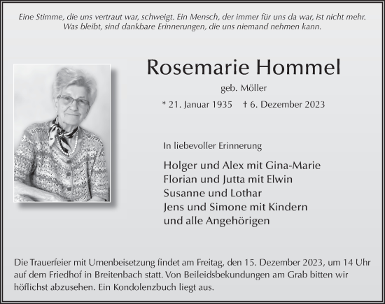 Traueranzeige von Rosemarie Hommel von FZ