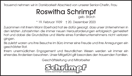 Traueranzeige von Roswitha Schrimpf von FZ