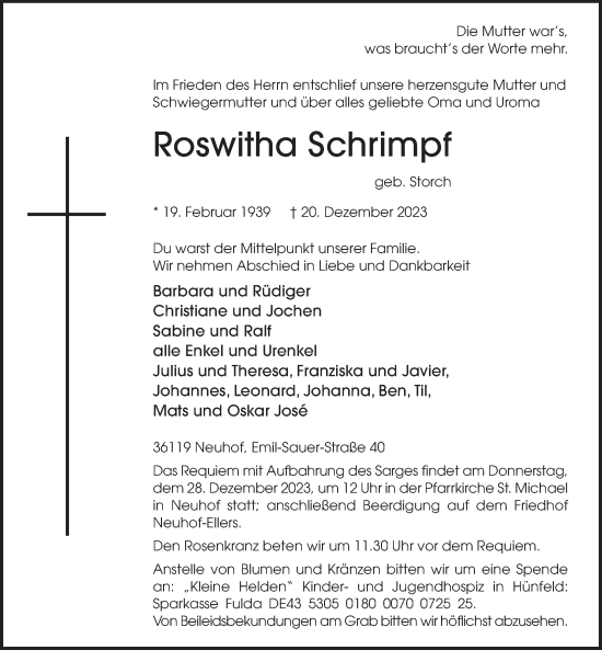 Traueranzeige von Roswitha Schrimpf von FZ