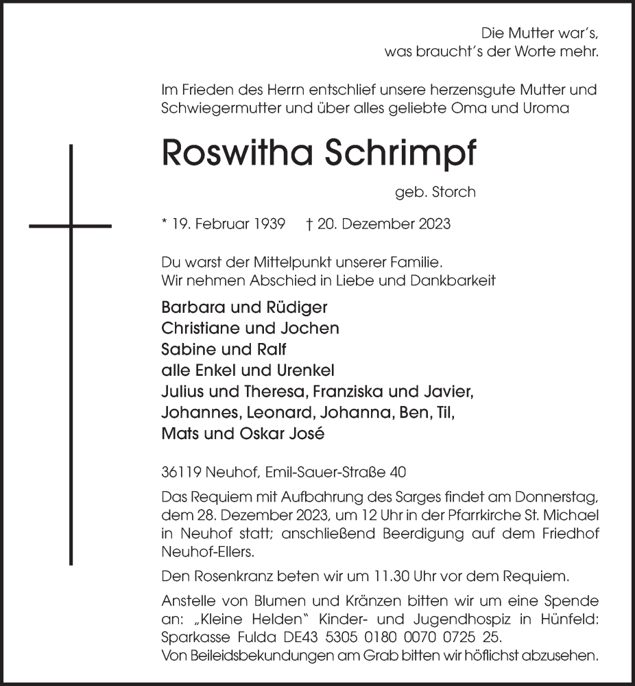  Traueranzeige für Roswitha Schrimpf vom 23.12.2023 aus FZ